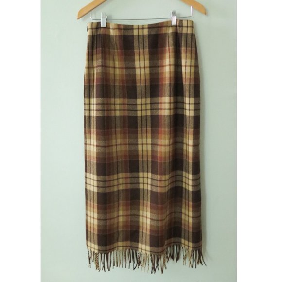 Pendleton Plaid Maxi Tan Plaid Long Pleated Vintage Wool Skirt with Fringe - Picture 4 of 4